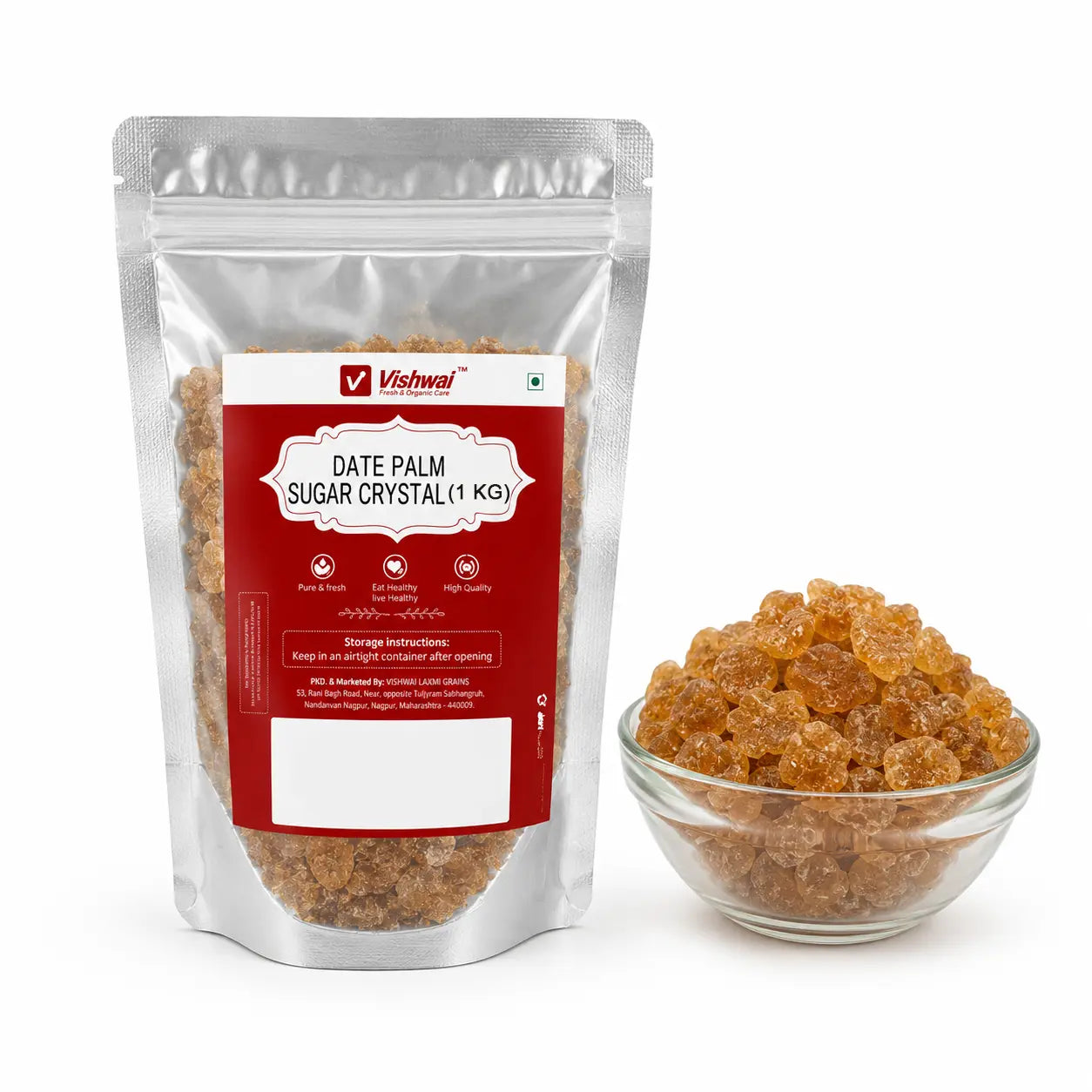 Vishwai Date Palm Sugar Crystals 1 kg pack front view