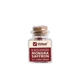 Front view of Vishwai Kashmiri Mongra saffron 3 gm pack